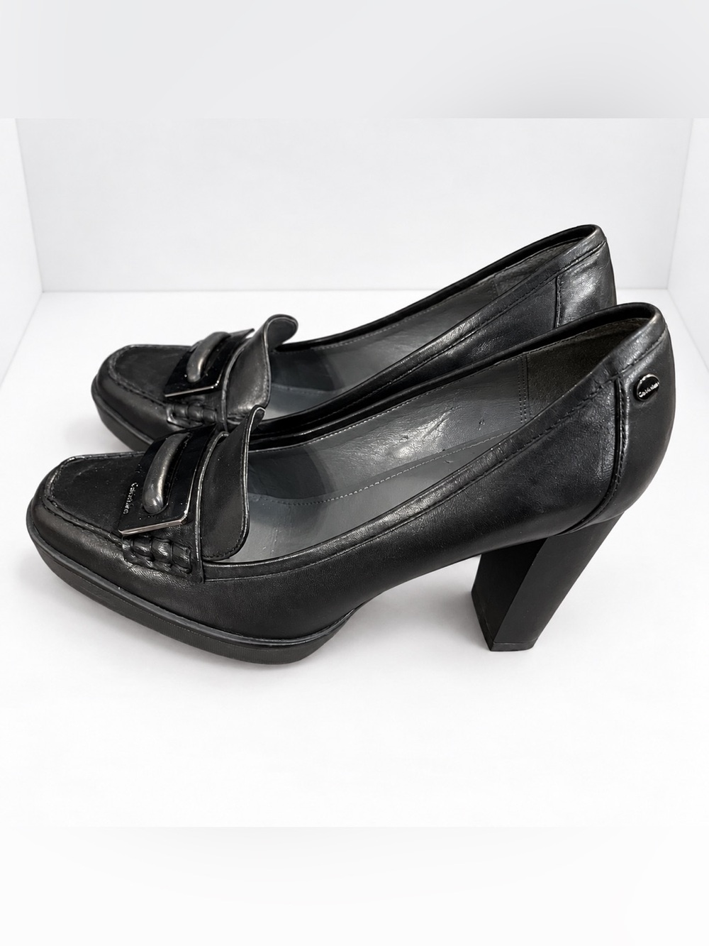 Vintage 90s Calvin Klein Black Leather Square Toe Loafer Pumps Y2K Block Heels - Picture 5 of 10